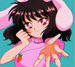  1990s_(style) 1girl animal_ears black_hair blue_background blush carrot_necklace closed_mouth dress foreshortening hanadi_detazo highres inaba_tewi one-hour_drawing_challenge pink_dress rabbit_ears reaching_out red_eyes retro_artstyle short_hair short_sleeves simple_background smile solo touhou 