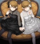  2girls :o ;) asymmetrical_bangs bangs black_dress black_legwear blush brown_hair contrast couch dress feet_out_of_frame finger_to_mouth futami_ami futami_mami hair_ornament hair_scrunchie highres idolmaster idolmaster_(classic) long_sleeves looking_at_viewer multiple_girls on_couch one_eye_closed one_side_up pantyhose petticoat scrunchie see-through see-through_sleeves shushing siblings side_ponytail sisters sitting smile symmetry tsurui twins white_dress white_legwear 