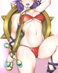 1girl absurdres arm_up athena_(series) bare_shoulders bikini blush breasts bursting_breasts cleavage head_out_of_frame highres holding holding_sword holding_weapon kotoyoshi_yumisuke large_breasts leg_up long_hair navel open_mouth princess_athena purple_hair red_bikini shield skindentation solo stomach swimsuit sword thighs underboob undersized_clothes weapon 