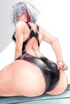  1girl adjusting_clothes adjusting_swimsuit admiral_graf_spee_(azur_lane) ass ass_focus azur_lane blush competition_swimsuit grey_hair highleg highres light_blue_eyes multicolored_hair no_tail one-piece_swimsuit oriue_wato short_hair solo streaked_hair swimsuit white_hair 