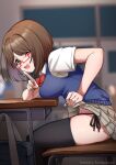  1girl absurdres artist_name beiske_(de_skb3) black_legwear black_panties blue_sweater_vest blurry blurry_background bow bowtie breasts brown_hair brown_skirt classroom clothes_lift collared_shirt commentary_request depth_of_field desk fang from_side glasses green_eyes highres idolmaster idolmaster_cinderella_girls indoors leaning_forward lifted_by_self looking_at_viewer looking_to_the_side maekawa_miku medium_breasts one_eye_closed open_mouth paid_reward_available panties patreon_username pleated_skirt red-framed_eyewear red_bow red_bowtie school_desk school_uniform shirt short_hair short_sleeves side-tie_panties sitting skirt skirt_lift solo sweater_vest thighhighs underwear web_address white_shirt wing_collar 