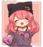  1girl :d animal_hat bangs bare_shoulders blush box cat_hat choker closed_eyes frills happy_valentine hat hat_ornament head_tilt heart-shaped_box holding holding_box long_hair long_sleeves miharu_(youkai_watch) nail_polish off-shoulder_sweater off_shoulder open_mouth pink_hair sleeves_past_wrists smile solo sweater tabana youkai_watch youkai_watch_jam:_youkai_gakuen_y 