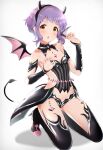  1girl absurdres bangs blush boots breasts claw_pose commentary_request demon_horns demon_tail demon_wings detached_collar detached_sleeves gem highres homco horns idolmaster idolmaster_million_live! kneeling looking_at_viewer makabe_mizuki open_mouth purple_hair short_hair sidelocks small_breasts solo tail thigh_boots thighhighs thighs wavy_hair white_background wings 