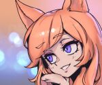  ahri_(league_of_legends) bangs blonde_hair blue_background blue_eyes brown_background eyebrows_visible_through_hair gradient gradient_background grin league_of_legends long_hair phantom_ix_row portrait shiny shiny_hair smile solo star_guardian_(league_of_legends) star_guardian_ahri symbol-only_commentary teeth 