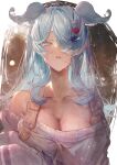  1girl bangs betabeet blue_eyes blue_hair breasts cleavage dragon_girl elira_pendora grey_overalls hair_ornament hair_over_one_eye head_wings highres large_breasts long_hair mole nijisanji nijisanji_en off_shoulder one_eye_covered overall_shorts overalls sleeves_past_fingers sleeves_past_wrists solo sweater virtual_youtuber white_sweater 