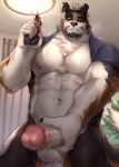  anthro balls bernese_mountain_dog big_penis bodily_fluids canid canine canis domestic_dog dripping genital_fluids genitals green_eyes hi_res kemono looking_at_viewer male mammal molosser mountain_dog muscular penis precum precum_drip scar snack solo swiss_mountain_dog taki_kaze thick_penis 