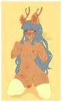  absurd_res anthro blue_hair blush border brown_body brown_fur cervid choker clothing fruitofficer fur girly hair hi_res horn jewelry legwear male mammal necklace ribbons solo stockings white_border yellow_clothing yellow_eyes yellow_legwear yellow_ribbon yellow_stockings 