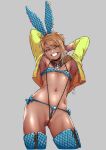  1girl absurdres animal_ears armpits arms_behind_head ass_visible_through_thighs bikini blonde_hair butakun dark-skinned_female dark_skin detached_collar ear_piercing flat_chest grey_background grin gyaru highres jacket looking_at_viewer navel navel_piercing original piercing rabbit_ears short_hair simple_background slingshot_swimsuit smile solo swimsuit thighhighs wrist_cuffs 