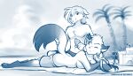  anthro beach blue_and_white bottomwear breasts butt canid canine canis clothing conditional_dnp crossgender domestic_dog duo evals female fox hi_res keidran lying male mammal mike_(twokinds) monochrome on_front one_eye_closed sand_castle sculpture seaside shorts sunscreen tom_fischbach tongue tongue_out twokinds webcomic wink 