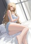  1girl absurdres ass bangs bare_shoulders black_bra blonde_hair bra breasts camisole cleavage clothes_pull grey_eyes highres indoors large_breasts lingerie long_hair looking_at_viewer lying messy_hair midriff on_bed on_side original pray_(furei) pulled_by_self shirt_pull short_shorts shorts sitting solo spaghetti_strap strap_slip thighs underwear very_long_hair white_camisole white_shorts 