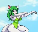  anthro breasts canid canine clothing female fox fur green_hair hair looking_at_viewer mammal paladins salt_(paladins) solo solo_focus swimwear unknown_artist white_body white_fur 