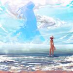  1girl bare_legs beach blue_sky breasts coming_out creature day dragon dress fangs fantasy faux_traditional_media figure from_behind hat highres holding horizon looking_up monster ocean original painting_(medium) sand scribblesquab short_hair sky sun_hat traditional_media water white_dress 