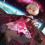  1girl arcaea artist_name aurora bare_shoulders blonde_hair breasts brown_legwear cloud copyright_name detached_collar dress earth_(planet) frilled_dress frilled_hairband frills gem hair_ornament hairband heart highres light_particles looking_at_viewer official_art open_mouth outstretched_hand pantyhose planet red_dress red_eyes red_gemstone short_hair siino small_breasts solo space tears teeth twitter_username watermark x_hair_ornament 