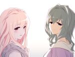  2girls black_eyes breasts eyebrows_visible_through_hair from_side grey_hair hair_intakes highres ishiyumi long_hair looking_at_viewer looking_back medium_breasts medium_hair multiple_girls original pink_hair portrait purple_sweater red_eyes smile sweater white_background 