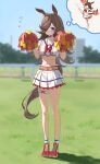 1girl animal_ears belt blurry blurry_background brown_hair closed_mouth cosplay crop_top crop_top_overhang flying_sweatdrops full_body grass hair_over_one_eye highres holding holding_pom_poms horse_ears horse_girl horse_tail hoshinopurin layered_skirt long_hair midriff navel nice_nature_(run&amp;win)_(umamusume) nice_nature_(umamusume) nice_nature_(umamusume)_(cosplay) outdoors pom_pom_(cheerleading) purple_eyes red_footwear rice_shower_(umamusume) sailor_collar shadow shirt shoes skirt sleeveless sleeveless_shirt sneakers socks solo standing tail thigh_strap thought_bubble umamusume white_legwear white_shirt white_skirt 
