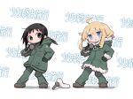  &lt;o&gt;_&lt;o&gt; 2girls black_eyes black_hair blonde_hair blue_eyes blush chibi chito_(shoujo_shuumatsu_ryokou) coat eyebrows_visible_through_hair fur-trimmed_coat fur_trim gloves green_coat green_gloves green_pants highres holding holding_microphone jacket looking_at_viewer low_twintails microphone multiple_girls no_headwear no_helmet nuko_(shoujo_shuumatsu_ryokou) pants shoujo_shuumatsu_ryokou taipe_pepe twintails yuuri_(shoujo_shuumatsu_ryokou) 