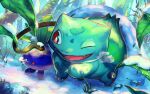  ;d breath bright_pupils bulbasaur closed_eyes commentary_request day fangs leaf nijimaarc no_humans oddish one_eye_closed open_mouth outdoors plant pokemon pokemon_(creature) red_eyes smile snow tongue vines white_pupils 