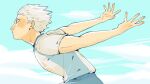  1boy beaniewinnie96 haikyuu!! highres hoshiumi_kourai looking_to_the_side male_focus outdoors outstretched_arms profile running short_hair signature sky solo spiked_hair sportswear volleyball_uniform white_hair yellow_eyes 