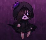  1girl black_dress black_eyes black_hair black_lotus blood blood_from_mouth commentary dress eve_(the_binding_of_isaac) fang flower full_body hair_over_one_eye hat hat_flower hood keshi4740 long_hair makeup mascara open_mouth solo the_binding_of_isaac 