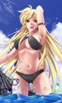  1girl armpits bikini black_bikini blonde_hair blush breasts eyebrows_visible_through_hair fate_testarossa highres large_breasts long_hair looking_at_viewer lyrical_nanoha mahou_shoujo_lyrical_nanoha_strikers navel ocean open_mouth outdoors presenting_armpit red_eyes shiny shiny_hair shiny_skin sky smile solo sougetsu_izuki standing swimsuit underboob 