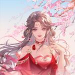  1girl bare_shoulders brown_hair chinese_clothes choker face facial_mark forehead_mark hair_ornament hair_rings highres huo_linger_(wanmei_shijie) huo_linger_tongren_she long_hair looking_at_viewer smile solo upper_body wanmei_shijie 