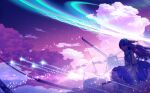  1girl bird blurry commentary_request construction dress flock highres long_hair makoron117117 original outdoors purple_dress purple_hair scenery shooting_star sky solo sparkle star_(sky) star_(symbol) starry_sky 