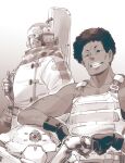  2boys absurdres afro collarbone dark-skinned_male dark_skin fist_bump gloves greyscale highres humanoid_robot ishiyumi jacket looking_at_viewer male_focus monochrome multiple_boys one-eyed original overalls parted_lips robot scarf science_fiction 