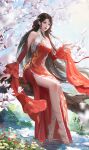  1girl absurdres bare_legs blue_sky brown_hair chinese_clothes cleavage_cutout clothing_cutout dress facial_mark forehead_mark full_body fupo_alian grass hair_ornament hair_rings high_heels highres huo_linger_(wanmei_shijie) long_hair moss red_dress ripples rock sitting sky solo wanmei_shijie water 