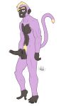  anthro balls boyhowdy erection fan_character fur genital_piercing genitals haplorhine hi_res holding_penis male mammal monkey monkey_tail muscular muscular_anthro muscular_male nipple_piercing nipples penis piercing primate purple_body purple_fur smile solo 