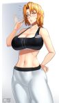  1girl 2022 abs absurdres artist_name bleach blush breasts castell cleavage collarbone highres large_breasts looking_at_viewer matsumoto_rangiku mole mole_under_mouth motion_lines navel orange_hair pants parted_lips short_hair solo sports_bra standing stomach sweat teeth thighs toned 