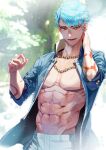  1boy abs arm_tattoo bangs bead_necklace beads blue_hair blue_shirt blurry blush cross_scar day depth_of_field fangs hand_on_own_neck hands_up highres jewelry looking_away looking_down male_focus navel necklace parted_lips red_eyes scar scar_on_cheek scar_on_face serota shirt short_hair sleeves_folded_up smile solo tattoo toned toned_male touken_ranbu upper_body water wet wet_hair yamabushi_kunihiro 
