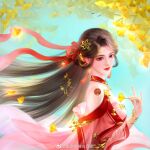  1girl blue_sky brown_hair chinese_clothes collar facial_mark forehead_mark from_side hair_ornament hair_rings highres holding holding_leaf huo_linger_(wanmei_shijie) leaf long_hair ribbon shenming_nushen_gu_yuena sky wanmei_shijie 