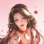  1girl bare_shoulders brown_hair chinese_clothes face facial_mark forehead_mark hair_ornament hair_rings highres huo_linger_(wanmei_shijie) huo_linger_tongren_she long_hair smile solo teeth upper_body wanmei_shijie 