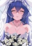  1girl absurdly_long_hair azur_lane blue_hair blush bouquet breasts bridal_veil bride cleavage closed_eyes dress elbow_gloves face-to-face flower formal gloves hair_between_eyes hair_ornament hair_ribbon highres holding holding_bouquet imminent_kiss jewelry kiss lips lisa_(faeuna) long_hair looking_at_viewer new_jersey_(azur_lane) ribbon rose strapless strapless_dress veil very_long_hair wedding wedding_dress white_dress white_flower white_gloves white_rose 