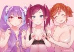  3girls :o ^_^ black_bra bra breasts cleavage closed_eyes collarbone double_v drawn_ears drawn_whiskers head_tilt heart kaname_buccaneer large_breasts looking_at_viewer macross macross_delta medium_breasts midriff mikumo_guynemer mirage_farina_jenius multiple_girls navel open_mouth orange_hair pointy_ears purple_hair red_eyes sasanoneko smile topless twintails underwear upper_body v white_bra 