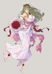  1girl absurdres alternate_costume bare_shoulders bouquet breasts bridal_veil bride cleavage detached_collar detached_sleeves dress fire_emblem fire_emblem_awakening flower frills green_eyes green_hair grey_background hair_ornament high_heels highres holding holding_bouquet large_breasts long_dress long_hair pointy_ears ponytail rose sakuremi simple_background smile solo strapless strapless_dress tiara tiki_(fire_emblem) veil wedding wedding_dress white_dress white_footwear 
