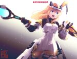  1girl alice_gear_aegis black_gloves boots breasts cleavage copyright_name gloves highres holding ishiyumi mecha_musume medium_breasts merabuchi_kanami motion_blur open_hand racket smile solo thigh_boots visor_cap white_headwear 