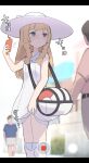  1girl 2boys bag bangs bare_arms blonde_hair blunt_bangs blurry braid collared_dress commentary_request day dress duffel_bag green_eyes hand_up hat holding holding_phone kneehighs lillie_(pokemon) long_hair looking_to_the_side multiple_boys outdoors phone poke_ball_theme pokemon pokemon_(game) pokemon_sm rotom rotom_phone samidareura sleeveless sleeveless_dress sun_hat sundress sweat twin_braids white_dress white_headwear white_legwear 