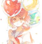  1girl backlighting balloon bangs black_sailor_collar blush commentary_request confetti eyebrows_visible_through_hair heart_balloon highres holding holding_balloon looking_at_viewer neckerchief original parted_lips red_eyes red_hair red_neckerchief sailor_collar school_uniform serafuku shirt short_sleeves signature simple_background sofra solo twitter_username upper_body white_background white_shirt 