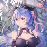  1girl ahoge bangs bare_shoulders black_dress blue_hair blush bow breasts cleavage dress eyebrows_visible_through_hair flower ganyu_(genshin_impact) genshin_impact hair_flower hair_ornament highres horns lizhilv long_hair looking_to_the_side medium_breasts parted_lips purple_eyes rose sidelocks solo upper_body 