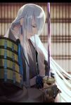  1boy arm_guards armor bangs beads blue_eyes blurry closed_mouth depth_of_field earrings eyelashes grey_hair grey_kimono half-closed_eyes highres holding holding_sword holding_weapon japanese_armor japanese_clothes jewelry kesa kimono kousetsu_samonji long_hair long_sleeves looking_away looking_down male_focus prayer_beads profile serota short_hair shoulder_armor sidelocks solo straight_hair sword tassel tassel_earrings touken_ranbu unsheathed upper_body weapon 