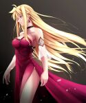  1girl bare_shoulders black_choker blonde_hair blush breasts choker collarbone dress earrings eyebrows_visible_through_hair fate_testarossa highres jewelry large_breasts long_hair lyrical_nanoha mahou_shoujo_lyrical_nanoha_strikers open_mouth red_dress red_eyes shiny shiny_hair simple_background solo sougetsu_izuki standing 