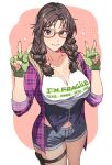  1girl absurdres braid breasts brown_eyes cleavage clothes_writing cowboy_shot denim denim_shorts double_v fingerless_gloves glasses gloves green_gloves hanny_(uirusu_chan) highres jacket julia_chang large_breasts midriff navel open_clothes open_jacket plaid plaid_jacket purple_jacket red-tinted_eyewear shirt shorts simple_background smile solo tekken thigh_strap tinted_eyewear twin_braids unmoving_pattern v white_background white_shirt 