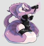  anthro apode belly big_breasts black_claws breasts claws clothing digital_media_(artwork) draconcopode dress female forked_tongue furgonomics gun hi_res holding_object holding_weapon huge_breasts ickgirl legless naga non-mammal_breasts open_mouth pink_body pointing_gun ranged_weapon reptile scalie serpentine slightly_chubby snake snake_hood solo stripes tongue weapon wide_hips yesenia_(character) 