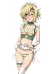  1girl akatsuki_kirika apron bikini blonde_hair blush breasts frills fujikawa_daichi green_bikini green_eyes hair_ornament looking_at_viewer maid maid_bikini maid_headdress medium_breasts multicolored_bikini multicolored_clothes navel one_eye_closed senki_zesshou_symphogear shiny shiny_hair shiny_skin short_hair skindentation solo standing striped striped_bikini swimsuit underboob waist_apron white_bikini x_hair_ornament 