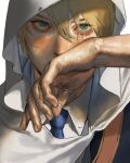  1boy aqua_eyes blonde_hair blue_eyes blue_necktie cloak close-up crying crying_with_eyes_open eyebrows_visible_through_hair hood hooded_cloak male_focus necktie solo tearing_up tears tonotya touken_ranbu yamanbagiri_kunihiro 