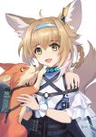  1girl :d absurdres ahoge aliasing animal animal_ear_fluff animal_ears aqua_headwear arknights artist_name backpack bag bangs bare_shoulders blonde_hair bom-r braid breasts commentary eyebrows_visible_through_hair fang fingernails fox fox_ears fox_girl fox_tail frilled_sleeves frills green_eyes hair_between_eyes hairband highres holding holding_animal infection_monitor_(arknights) jpeg_artifacts light_blush looking_at_another medium_hair multicolored_hair multiple_tails open_mouth oripathy_lesion_(arknights) short_sleeves sidelocks simple_background small_breasts smile solo suzuran_(arknights) tail test_tube upper_body white_background white_hair yellow_eyes 