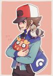  1boy absurdres bag belt_buckle bird blue_bag blue_jacket blush brown_eyes brown_hair brown_pants buckle commentary_request darumaka hat highres hilbert_(pokemon) holding holding_pokemon jacket long_sleeves male_focus misoko_(toomuchsushi) on_shoulder pants pidove pokemon pokemon_(creature) pokemon_(game) pokemon_bw pokemon_on_shoulder short_hair shoulder_bag smile zipper zipper_pull_tab 