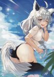  ahoge animal_ear_fluff animal_ears ass bikini bikini_under_clothes black_bikini blue_eyes braid breasts cloud fox_ears fox_girl fox_tail from_behind grey_hair highres hololive leaning_forward long_hair looking_back no_pants one_eye_closed open_mouth outdoors shirakami_fubuki shirt short_sleeves sky smile soraneko_(purin_kudasai) swimsuit t-shirt tail thighs virtual_youtuber wet white_shirt 