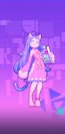  9:18.5 anthro armwear barefoot book clothing cosmic_hair cosmic_tail detached_sleeves doranana ethereal_hair feet felid female fur hi_res holding_object legband looking_at_viewer mammal pink_body pink_clothing pink_fur screencap solo space_leaper:cocoon unknown_artist young 